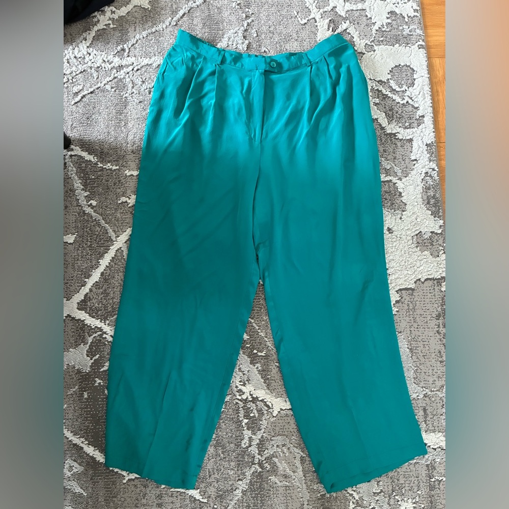 Vintage Diane Gilman Silk Sz P1X Straight Leg Pants Womens Elastic Waist Aqua